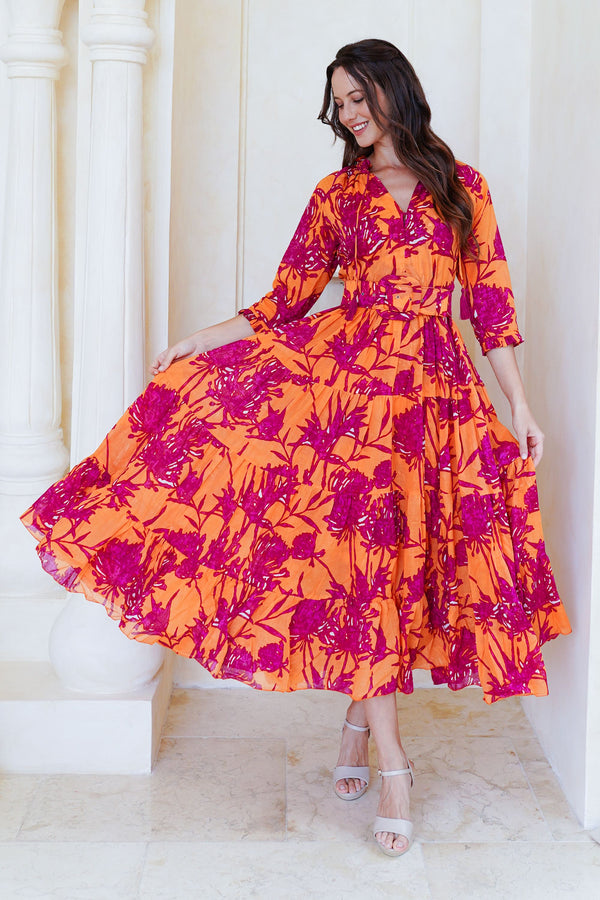 Eva Dress Crew Neck 3/4 Sleeve Tea Length Cotton Musola (Primavery Silhouette Ground)