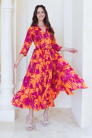 Eva Dress Crew Neck 3/4 Sleeve Tea Length Cotton Musola (Primavery Silhouette Ground)