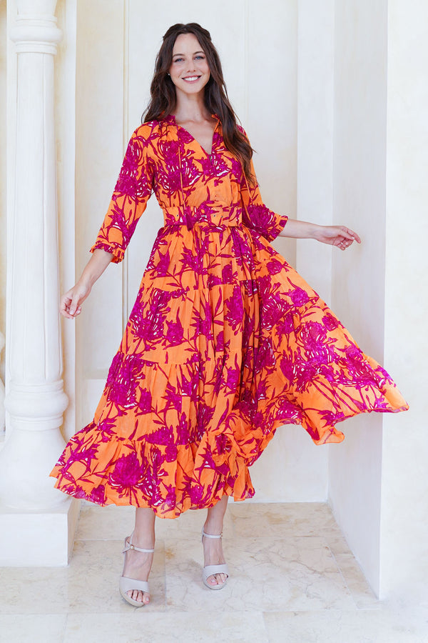 Eva Dress Crew Neck 3/4 Sleeve Tea Length Cotton Musola (Primavery Silhouette Ground)