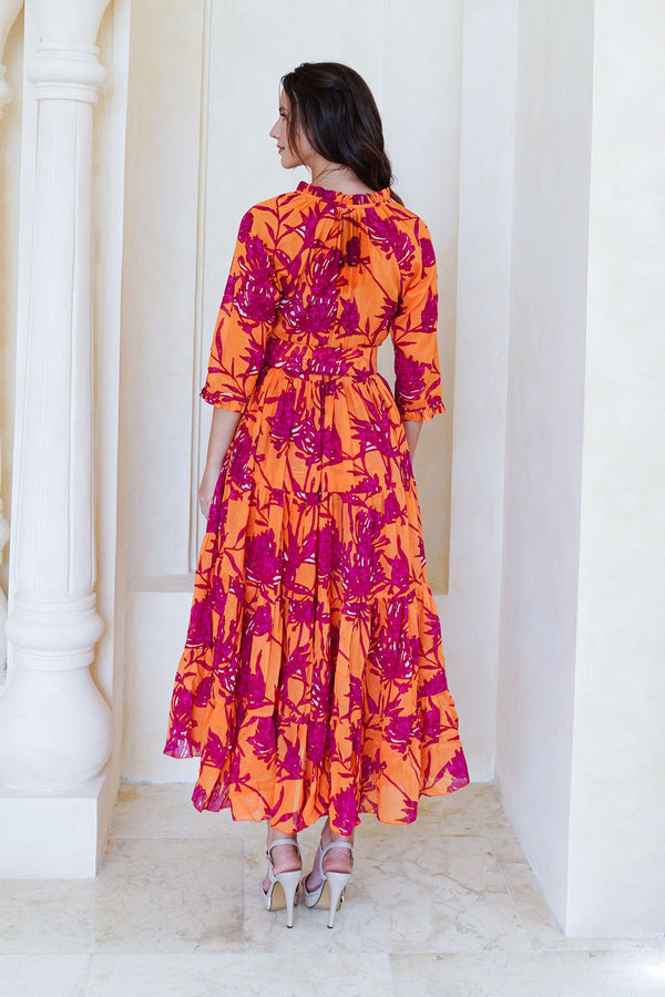 Eva Dress Crew Neck 3/4 Sleeve Tea Length Cotton Musola (Primavery Silhouette Ground)