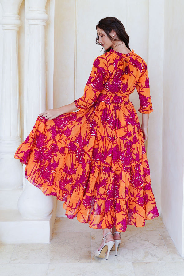 Eva Dress Crew Neck 3/4 Sleeve Tea Length Cotton Musola (Primavery Silhouette Ground)