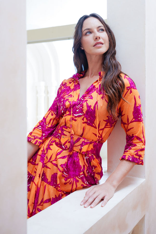 Eva Dress Crew Neck 3/4 Sleeve Tea Length Cotton Musola (Primavery Silhouette Ground)