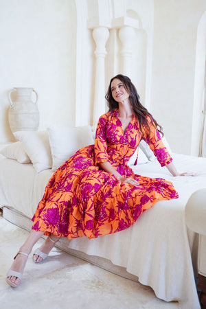 Eva Dress Crew Neck 3/4 Sleeve Tea Length Cotton Musola (Primavery Silhouette Ground)