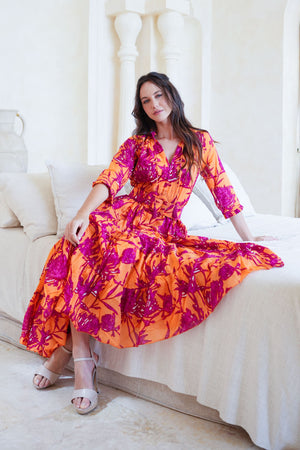 Eva Dress Crew Neck 3/4 Sleeve Tea Length Cotton Musola (Primavery Silhouette Ground)