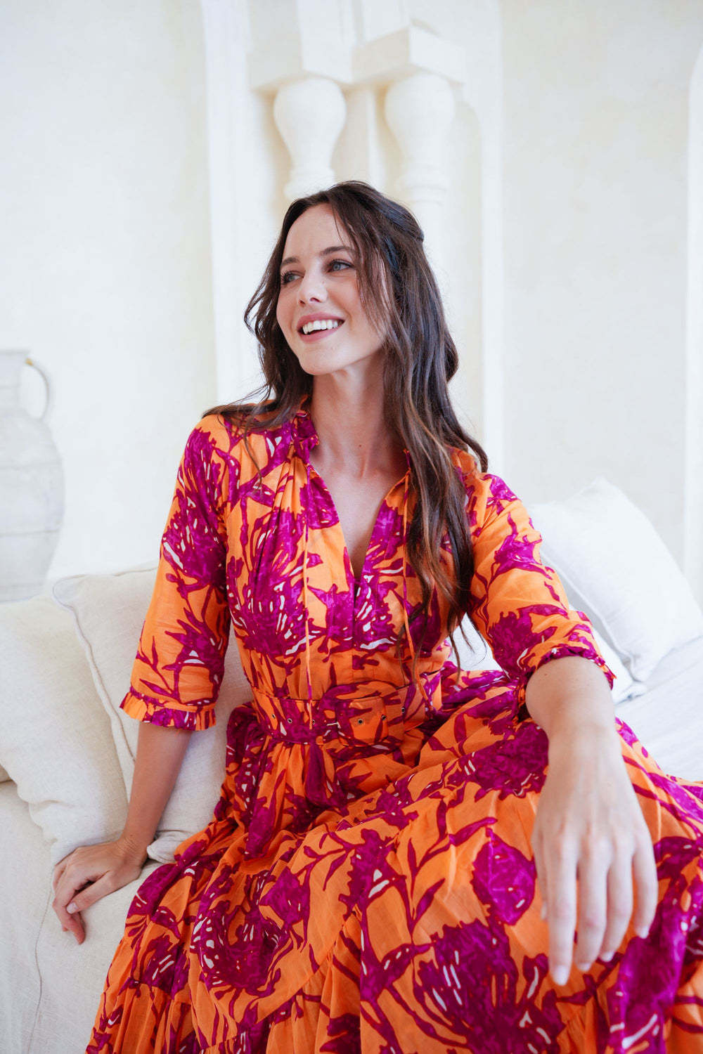 Eva Dress Crew Neck 3/4 Sleeve Tea Length Cotton Musola (Primavery Silhouette Ground)