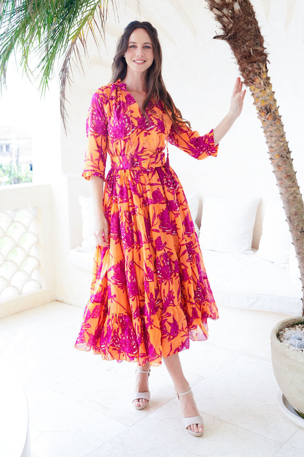 Eva Dress Crew Neck 3/4 Sleeve Tea Length Cotton Musola (Primavery Silhouette Ground)