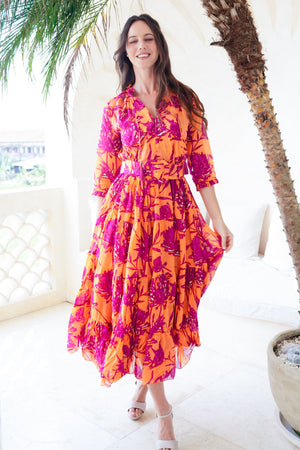 Eva Dress Crew Neck 3/4 Sleeve Tea Length Cotton Musola (Primavery Silhouette Ground)