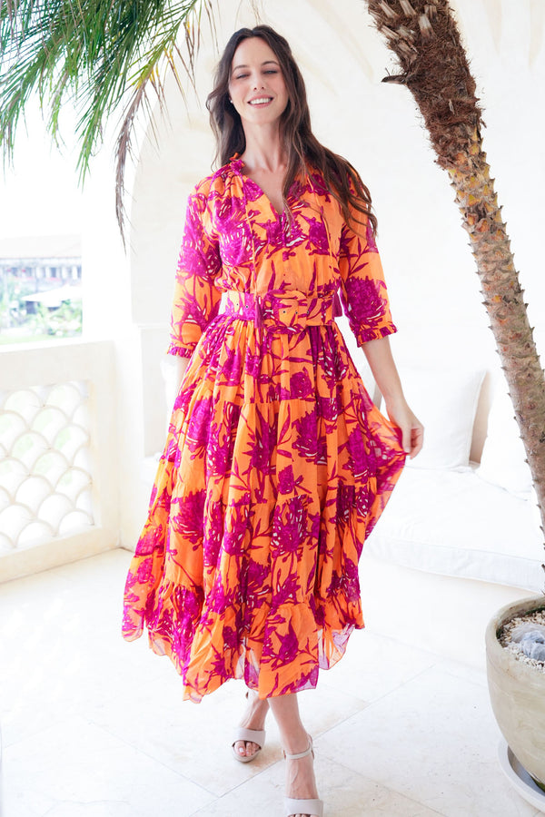 Eva Dress Crew Neck 3/4 Sleeve Tea Length Cotton Musola (Primavery Silhouette Ground)