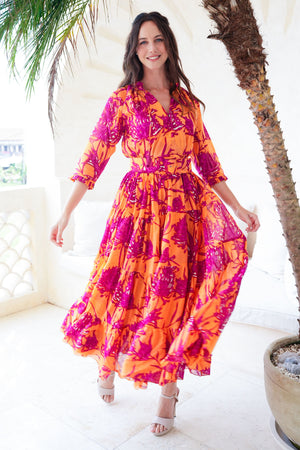 Eva Dress Crew Neck 3/4 Sleeve Tea Length Cotton Musola (Primavery Silhouette Ground)