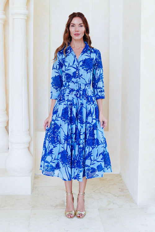 Audrey Dress #4 Shirt Collar 3/4 Sleeve Midi Length Cotton Musola (Primavery Silhouette Ground)