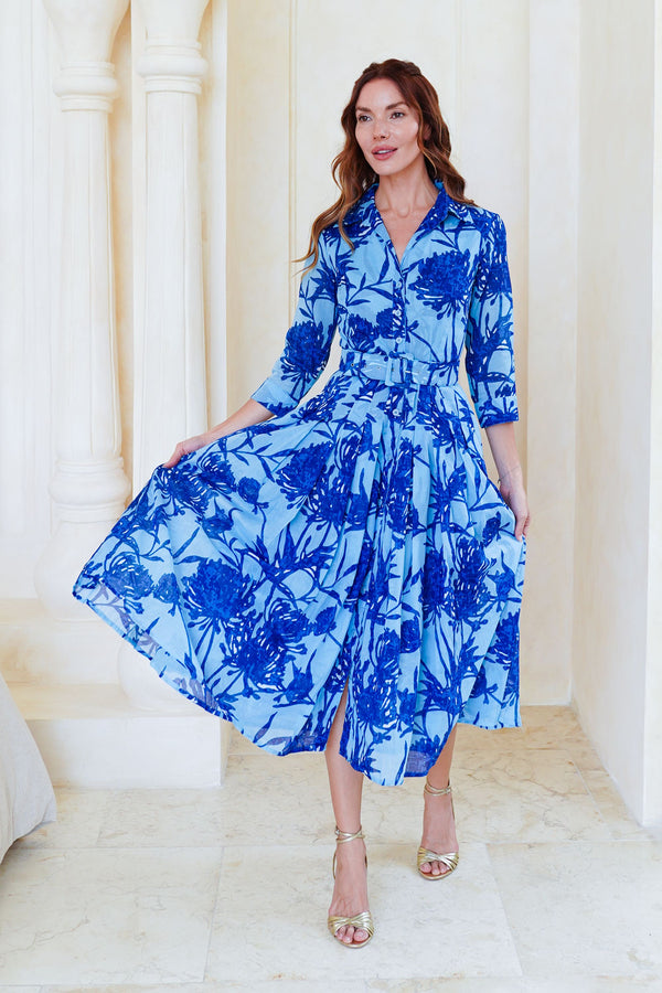 Audrey Dress #4 Shirt Collar 3/4 Sleeve Midi Length Cotton Musola (Primavery Silhouette Ground)