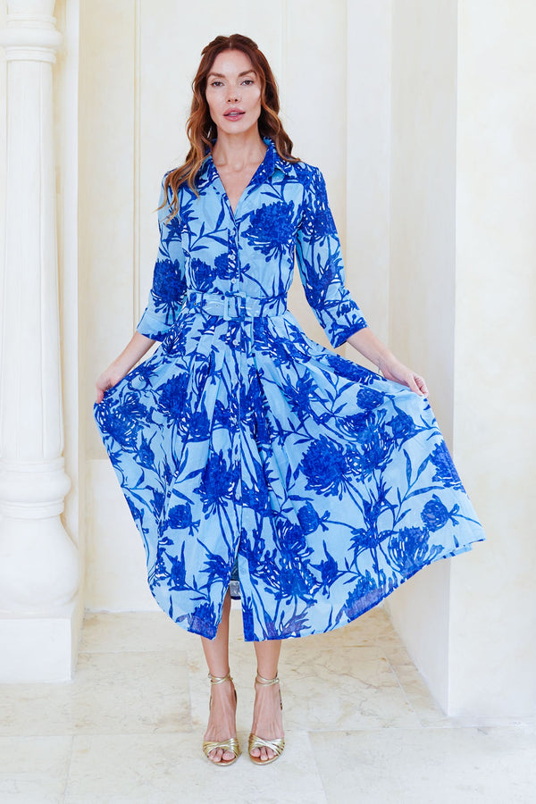 Audrey Dress #4 Shirt Collar 3/4 Sleeve Midi Length Cotton Musola (Primavery Silhouette Ground)