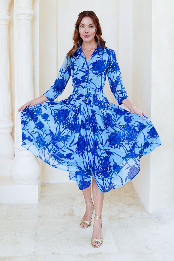 Audrey Dress #4 Shirt Collar 3/4 Sleeve Midi Length Cotton Musola (Primavery Silhouette Ground)