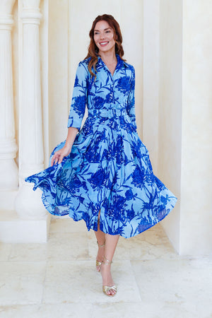 Audrey Dress #4 Shirt Collar 3/4 Sleeve Midi Length Cotton Musola (Primavery Silhouette Ground)