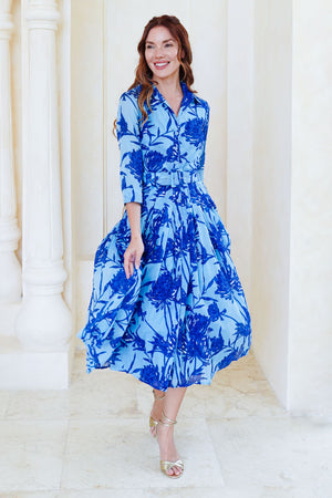 Audrey Dress #4 Shirt Collar 3/4 Sleeve Midi Length Cotton Musola (Primavery Silhouette Ground)