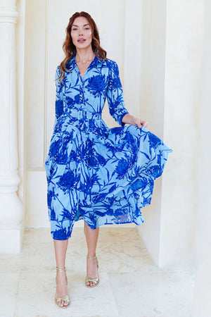 Audrey Dress #4 Shirt Collar 3/4 Sleeve Midi Length Cotton Musola (Primavery Silhouette Ground)