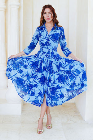 Audrey Dress #4 Shirt Collar 3/4 Sleeve Midi Length Cotton Musola (Primavery Silhouette Ground)