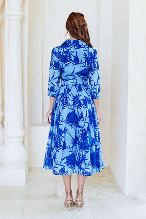 Audrey Dress #4 Shirt Collar 3/4 Sleeve Midi Length Cotton Musola (Primavery Silhouette Ground)