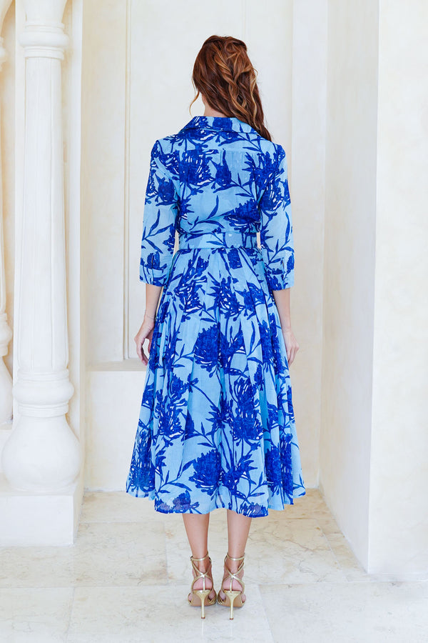 Audrey Dress #4 Shirt Collar 3/4 Sleeve Midi Length Cotton Musola (Primavery Silhouette Ground)