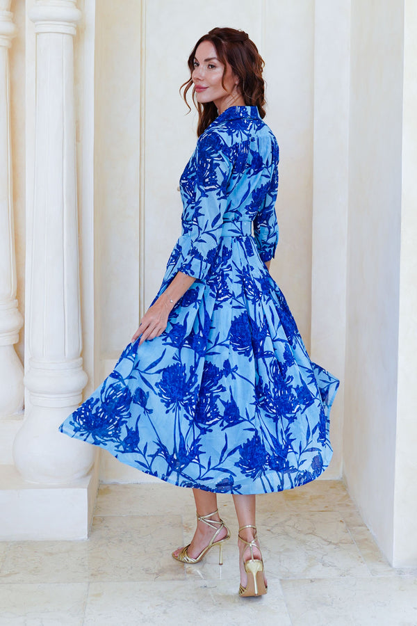 Audrey Dress #4 Shirt Collar 3/4 Sleeve Midi Length Cotton Musola (Primavery Silhouette Ground)