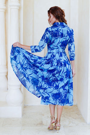 Audrey Dress #4 Shirt Collar 3/4 Sleeve Midi Length Cotton Musola (Primavery Silhouette Ground)