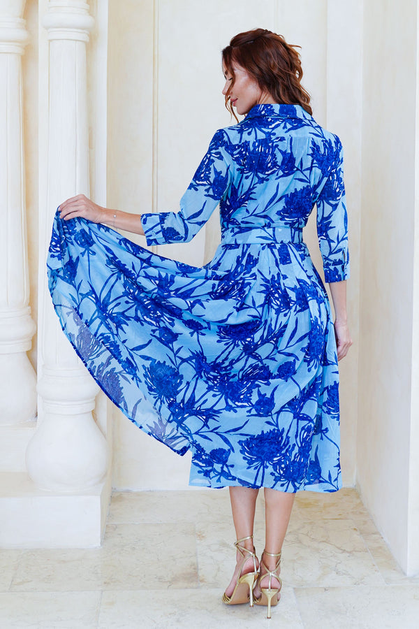 Audrey Dress #4 Shirt Collar 3/4 Sleeve Midi Length Cotton Musola (Primavery Silhouette Ground)