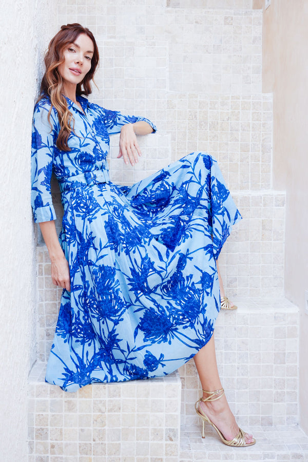 Audrey Dress #4 Shirt Collar 3/4 Sleeve Midi Length Cotton Musola (Primavery Silhouette Ground)