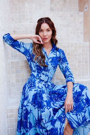 Audrey Dress #4 Shirt Collar 3/4 Sleeve Midi Length Cotton Musola (Primavery Silhouette Ground)