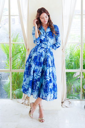 Audrey Dress #4 Shirt Collar 3/4 Sleeve Midi Length Cotton Musola (Primavery Silhouette Ground)