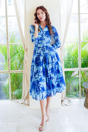 Audrey Dress #4 Shirt Collar 3/4 Sleeve Midi Length Cotton Musola (Primavery Silhouette Ground)