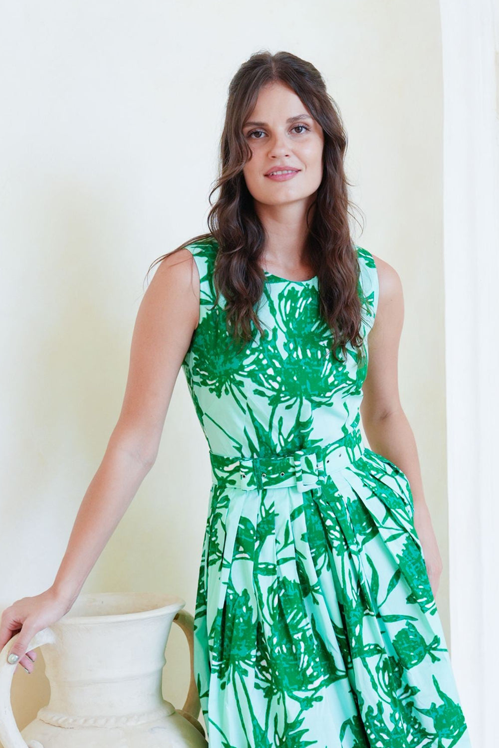 Florance Dress Crew Neck Sleeveless Long Length Cotton Stretch (Primavery Silhouette Ground)