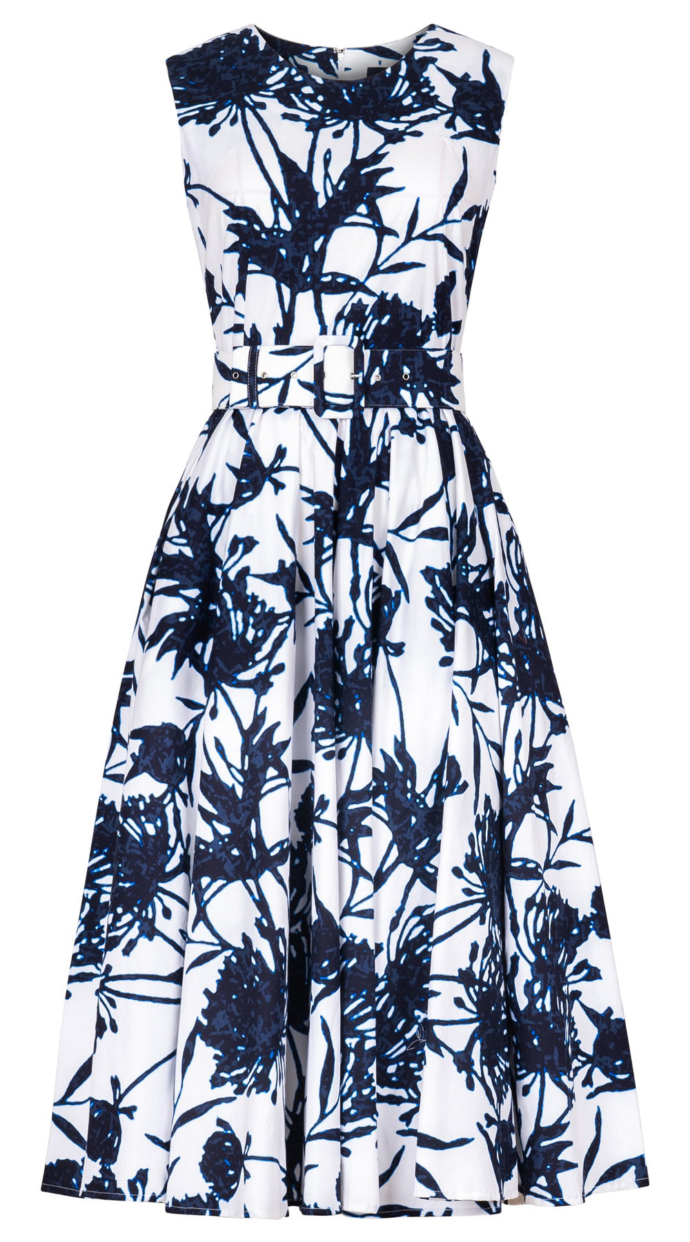 Abelia Dress Crew Neck Sleeveless Midi Length Cotton Stretch (Primavery Silhouette White)