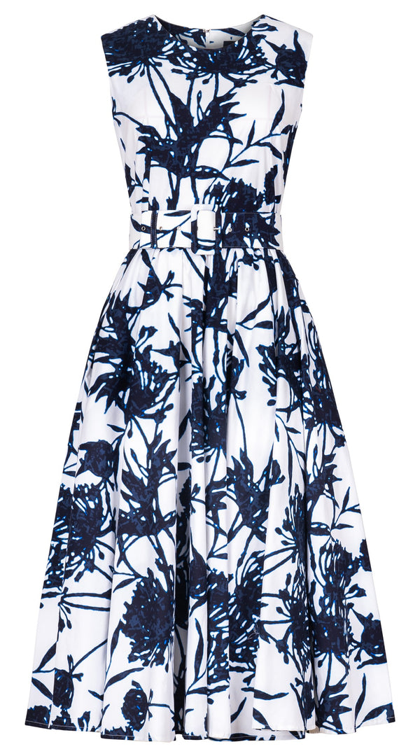 Abelia Dress Crew Neck Sleeveless Midi Length Cotton Stretch (Primavery Silhouette White)