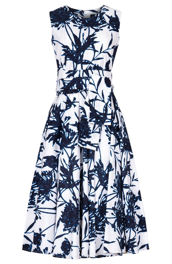 Abelia Dress Crew Neck Sleeveless Midi Length Cotton Stretch (Primavery Silhouette White)