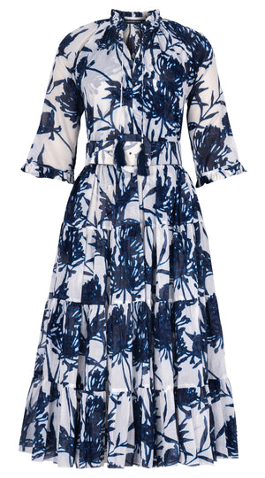 Eva Dress Crew Neck 3/4 Sleeve Midi Length Cotton Musola (Primavery Silhouette White)