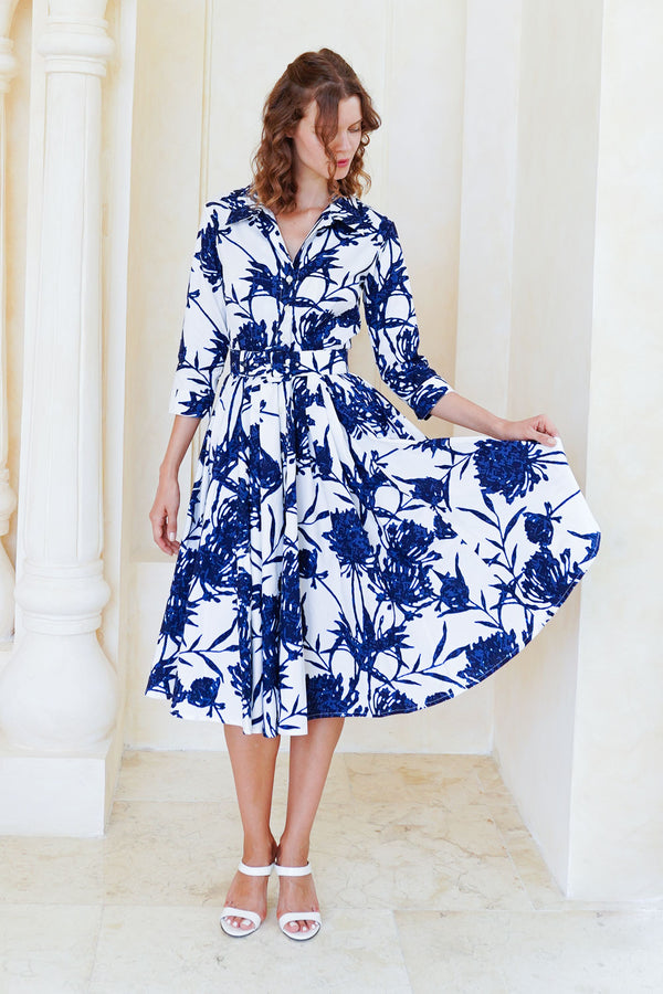 Laurent Dress Shirt Collar 3/4 Sleeve Long Length Cotton Stretch (Primavery Silhouette White)