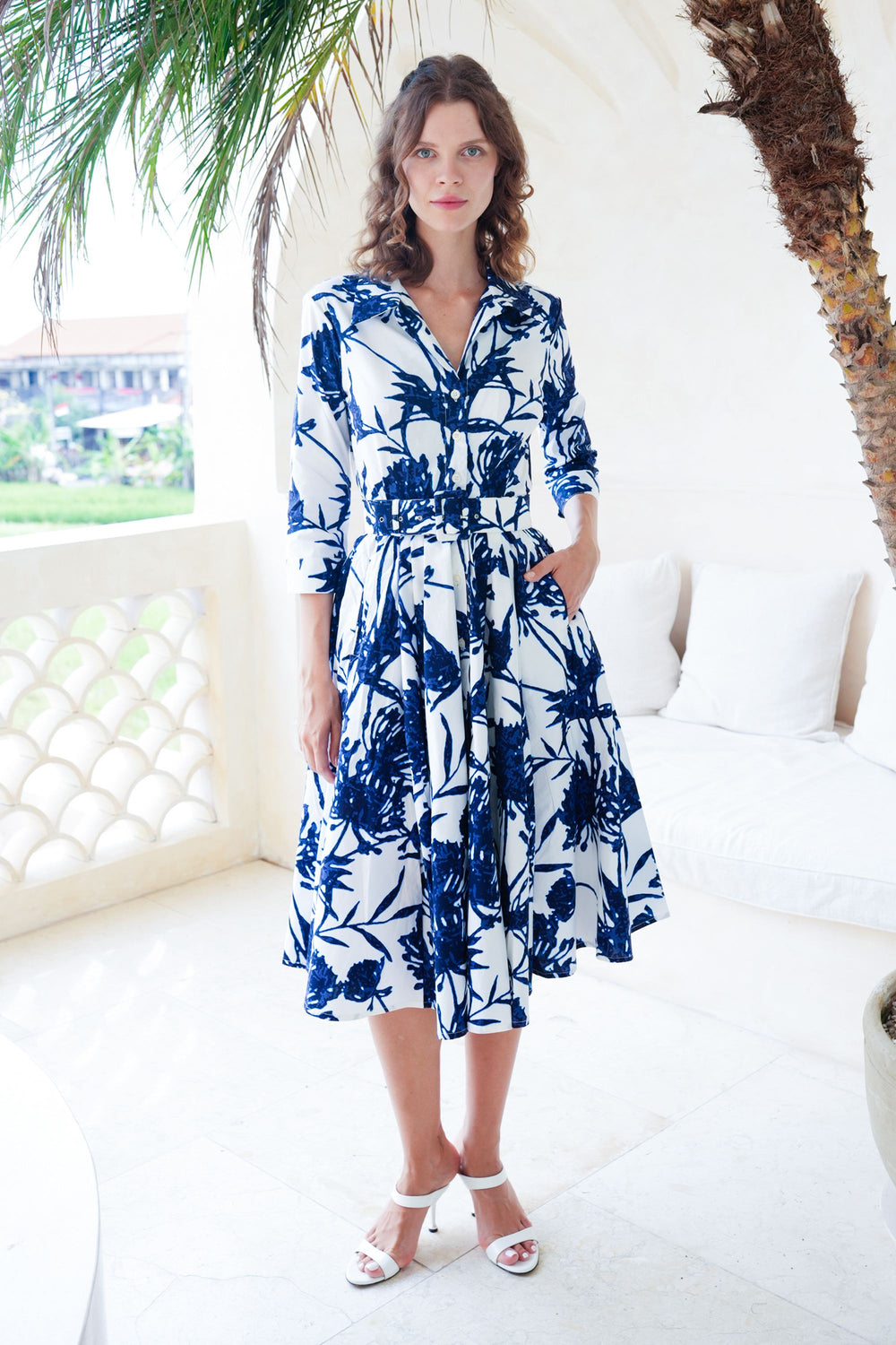 Laurent Dress Shirt Collar 3/4 Sleeve Long Length Cotton Stretch (Primavery Silhouette White)