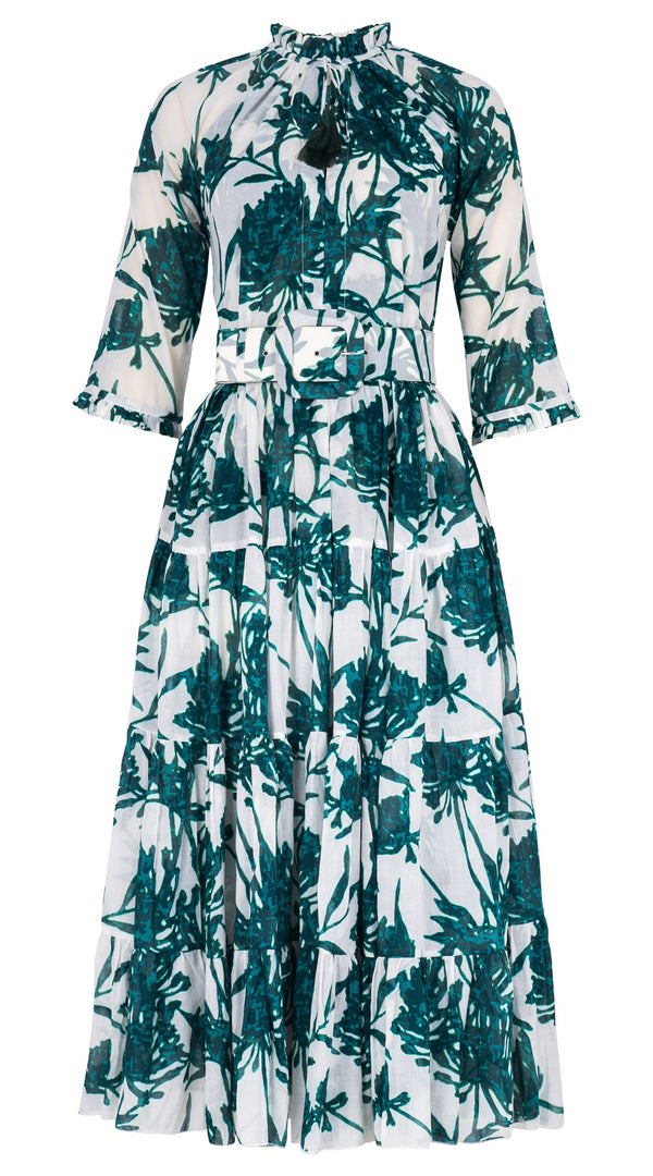 Eva Dress Crew Neck 3/4 Sleeve Midi Length Cotton Musola (Primavery Silhouette White)