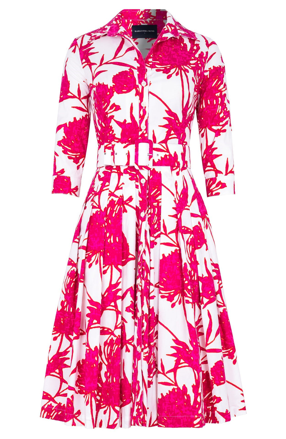 Audrey Dress #2 Shirt Collar 3/4 Sleeve Long Length Cotton Stretch (Primavery Silhouette White)