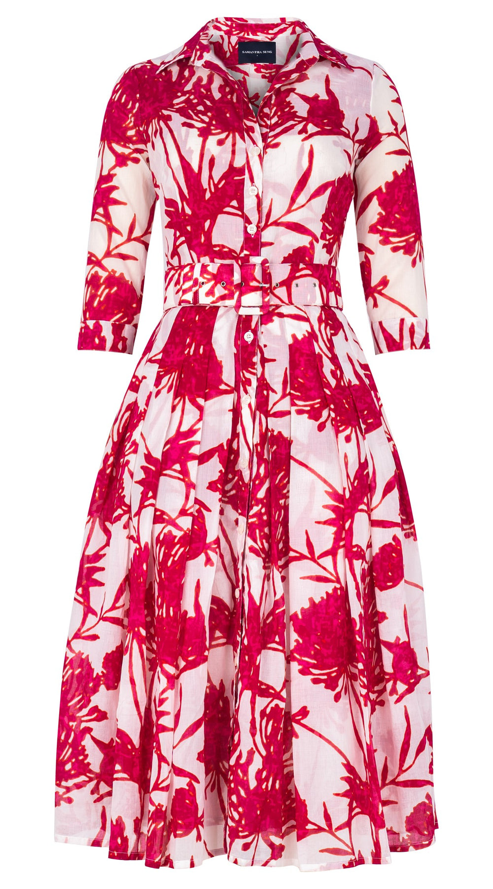 Audrey Dress #4 Shirt Collar 3/4 Sleeve Midi Length Cotton Musola (Primavery Silhouette White)