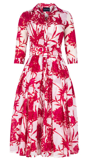 Audrey Dress #4 Shirt Collar 3/4 Sleeve Midi Length Cotton Musola (Primavery Silhouette White)