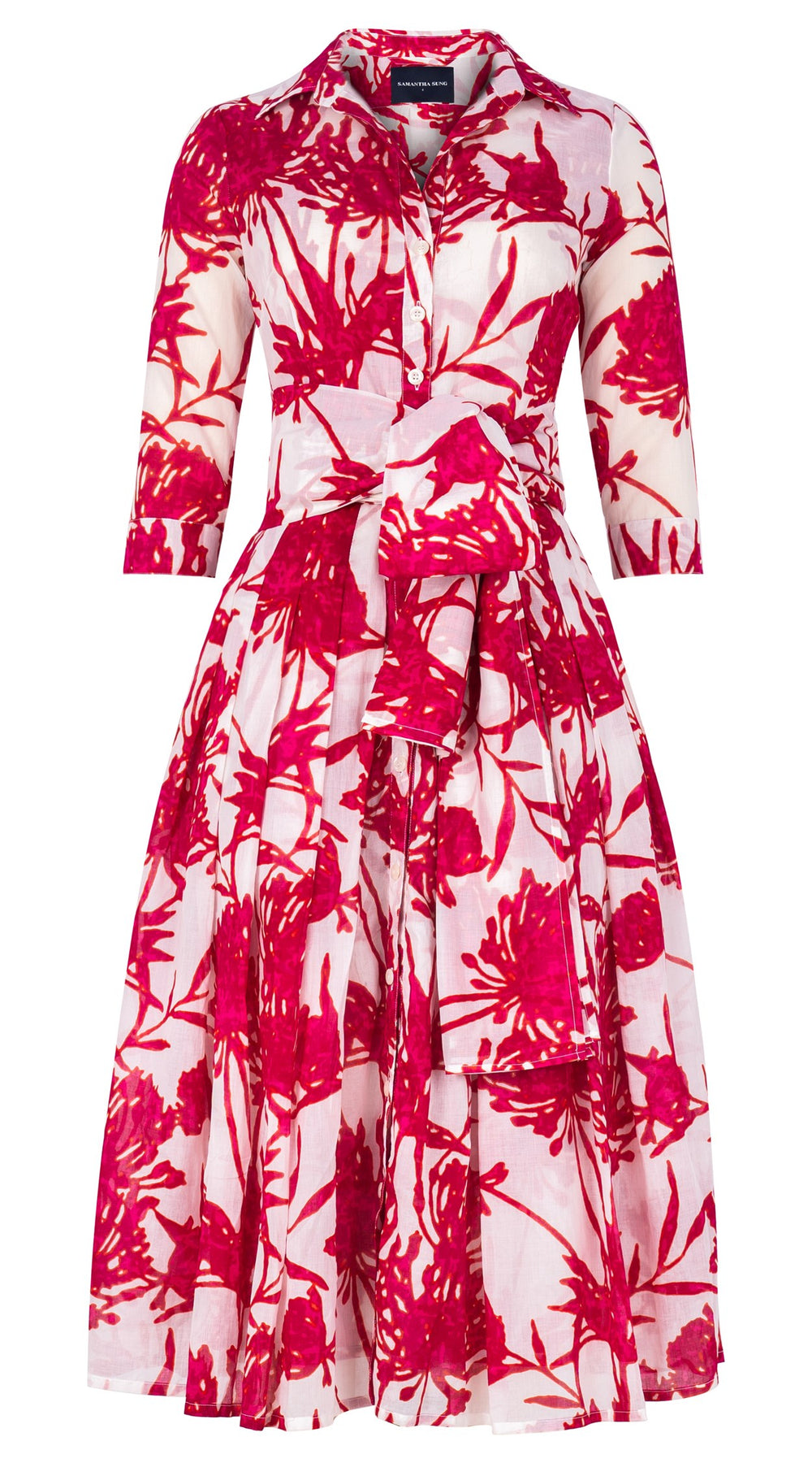 Audrey Dress #4 Shirt Collar 3/4 Sleeve Midi Length Cotton Musola (Primavery Silhouette White)