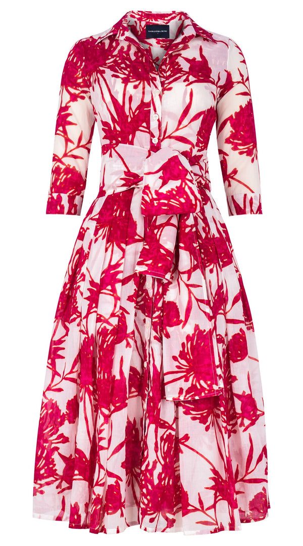 Audrey Dress #4 Shirt Collar 3/4 Sleeve Midi Length Cotton Musola (Primavery Silhouette White)