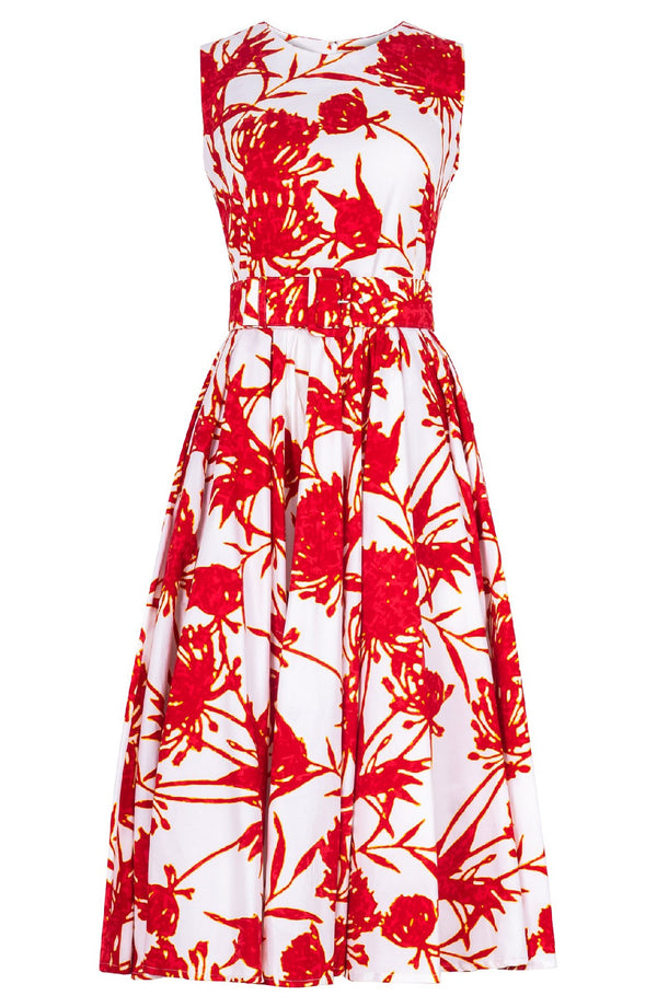 Abelia Dress Crew Neck Sleeveless Midi Length Cotton Stretch (Primavery Silhouette White)