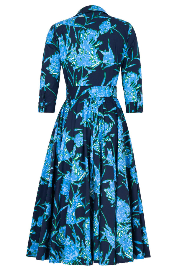 Abelia Dress Shirt Collar 3/4 Sleeve Midi Length Cotton Stretch (Primavery Silhouette Ground)
