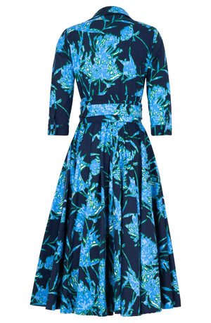 Abelia Dress Shirt Collar 3/4 Sleeve Midi Length Cotton Stretch (Primavery Silhouette Ground)