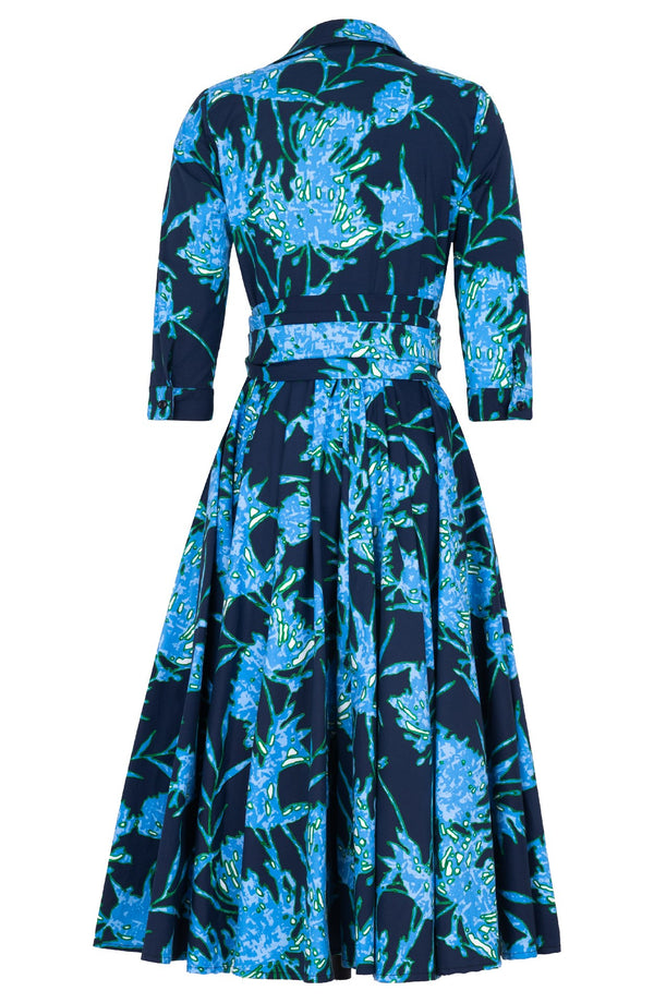 Abelia Dress Shirt Collar 3/4 Sleeve Midi Length Cotton Stretch (Primavery Silhouette Ground)