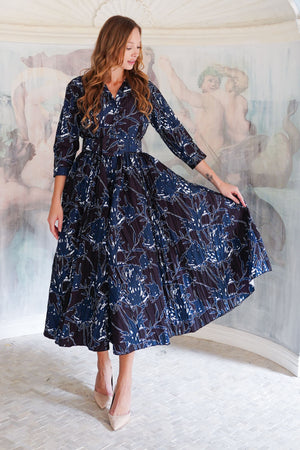 Terry Dress Shirt Collar 3/4 Sleeve Midi Plus Length Poliamide Taffta (Primavery Silhouette Ground)