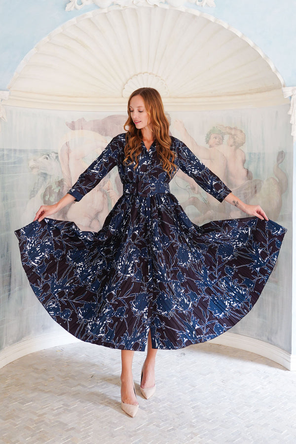 Terry Dress Shirt Collar 3/4 Sleeve Midi Plus Length Poliamide Taffta (Primavery Silhouette Ground)