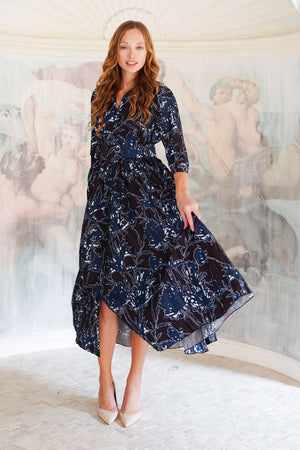 Terry Dress Shirt Collar 3/4 Sleeve Midi Plus Length Poliamide Taffta (Primavery Silhouette Ground)